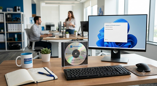 Windows installation DVD displayed on a modern office desk beside a desktop computer.