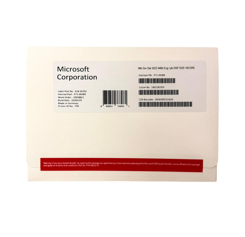 Microsoft Windows Server 2022 Datacenter 64 Bits 16 Cores Dvd