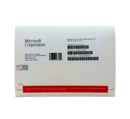 Microsoft Windows Server 2025 Standard 64 Bits 16 Cores Oem Dvd ESPAÑOL