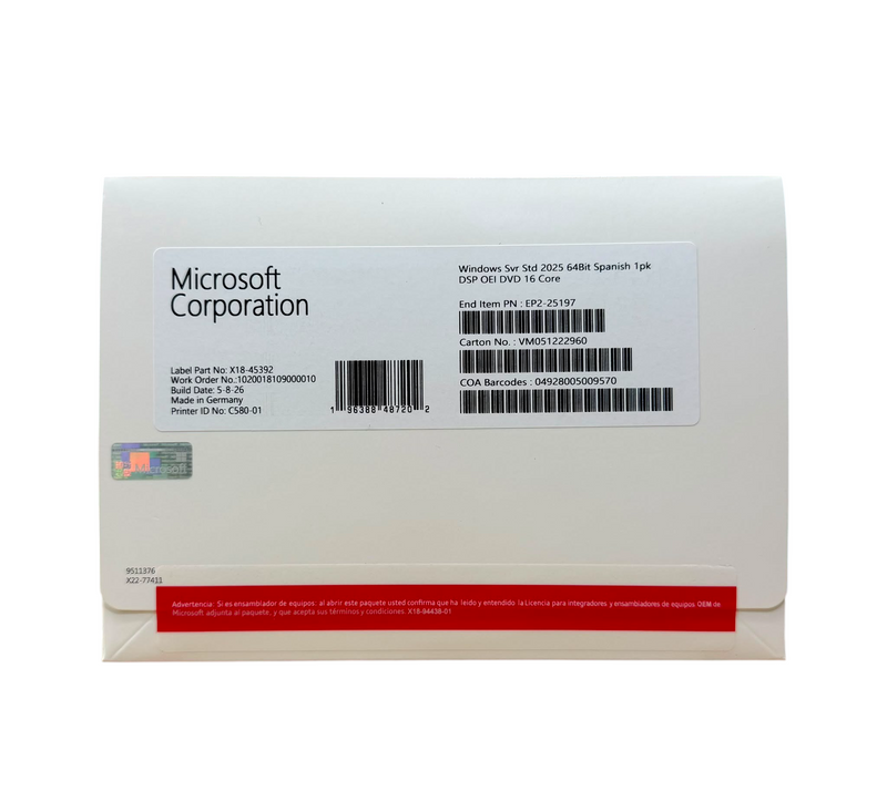 Microsoft Windows Server 2025 Standard 64 Bits 16 Cores Oem Dvd ESPAÑOL